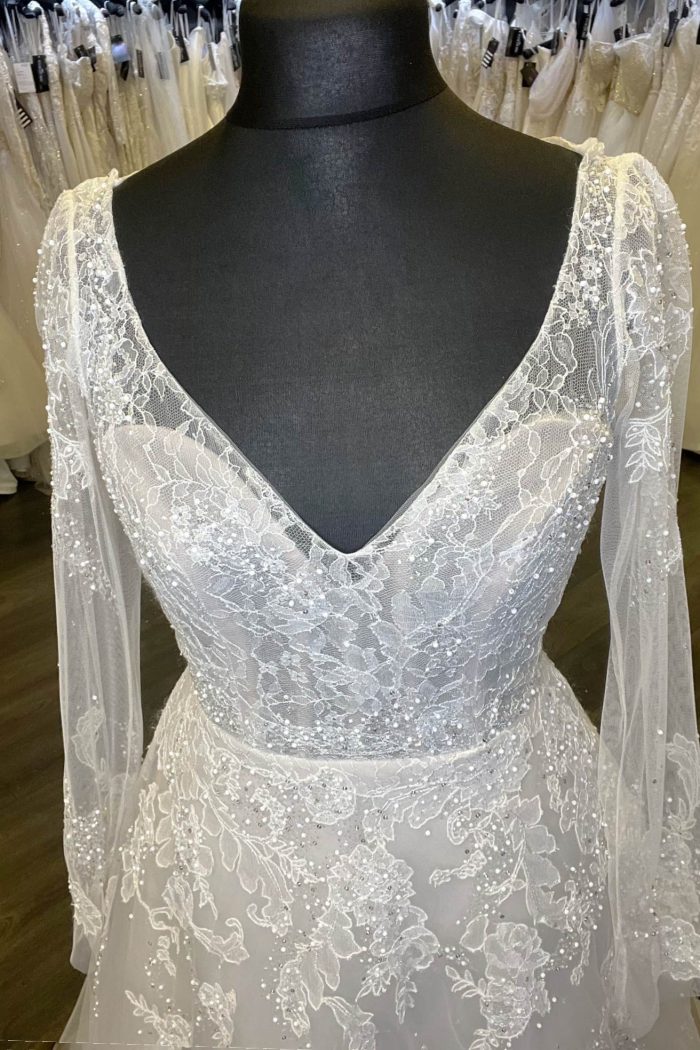 Mara hayley paige, hayley paige wedding dress, purple wedding dress, lace wedding dress, wedding dress with sleeves