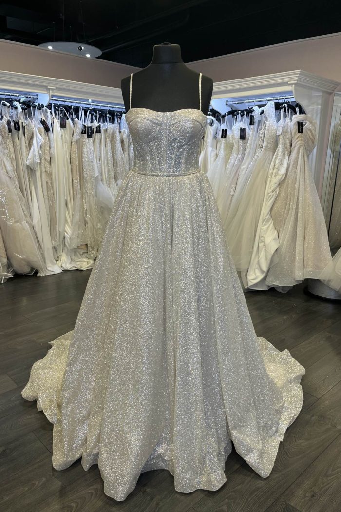 corset wedding dress, sparkly wedding dress, modern wedding dress, glitter wedding dress, silver wedding dress